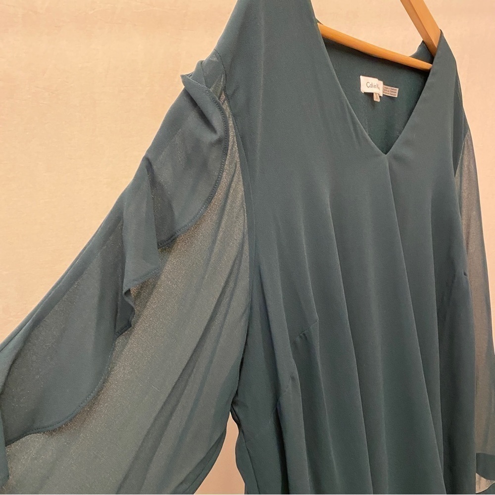 Calvin Klein 3X Top Semi Sheer Dark Green V Neck Flowy Ruffles Long Sleeve - Picture 4 of 11